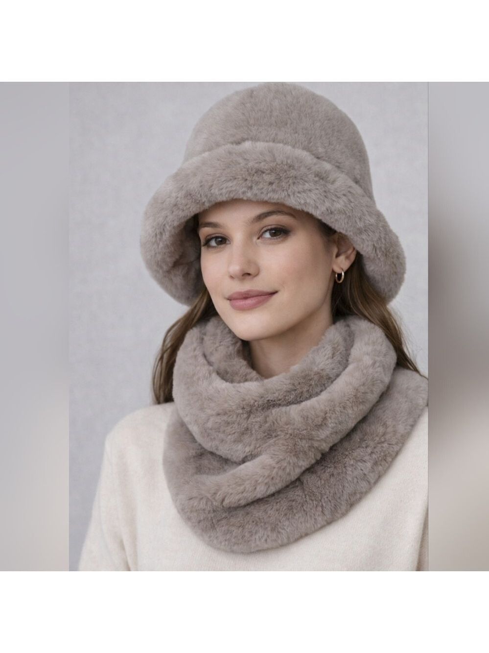 Gemma Layne Faux Fur Bucket Hat & Infinity Scarf Set – Taupe | NWT